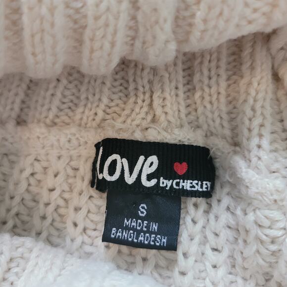 Love by Chelsea Size S Fringe Fisherman Knit Turtleneck Sweater Cream Cozy - Picture 7 of 9